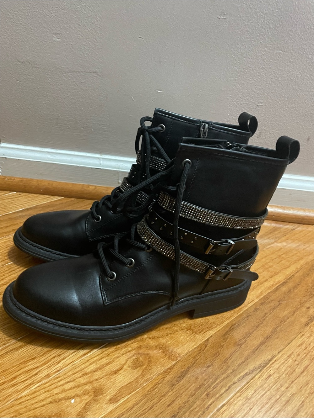 Black Women’s Lace-Up Combat Boots with Decorative Straps